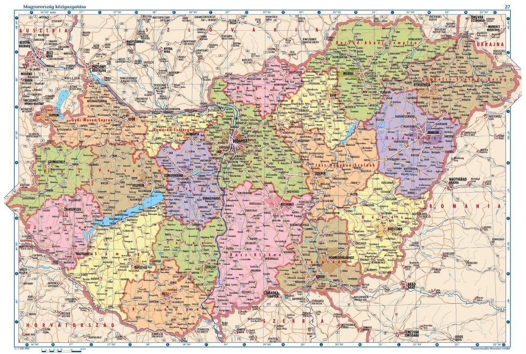 Большая детальная политическая и административная карта Венгрии со всеми городами, деревнями, дорогами, автомагистралями и аэропортами