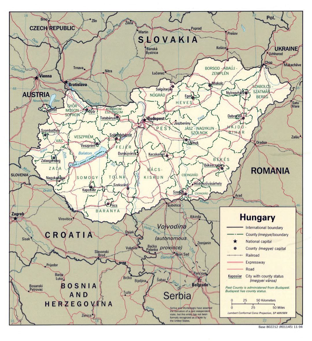 Большая детальная политическая и административная карта Венгрии с дорогами и крупными городами - 1994