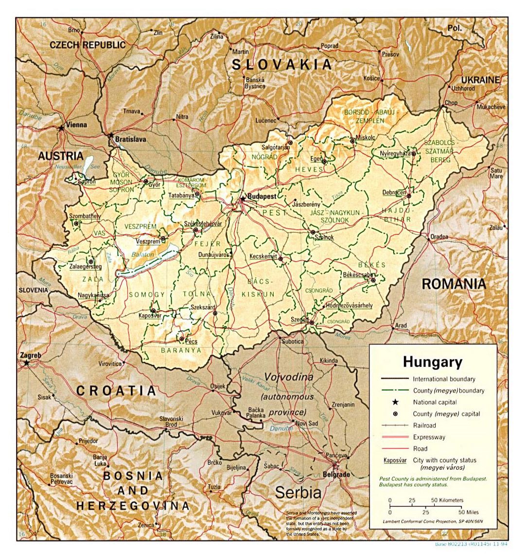 Большая политическая и административная карта Венгрии с рельефом, дорогами и крупными городами - 1994