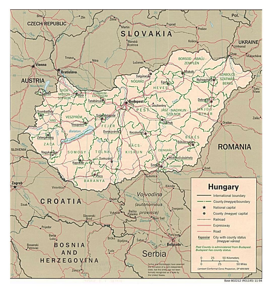 Большая политическая и административная карта Венгрии с дорогами и крупными городами - 1994