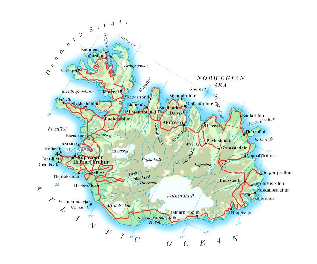 Детальная карта высот Исландии с дорогами, городами и аэропортами