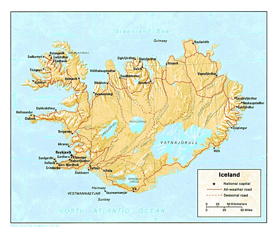 Детальная политическая карта Исландии с рельефом, дорогами и городами - 1981