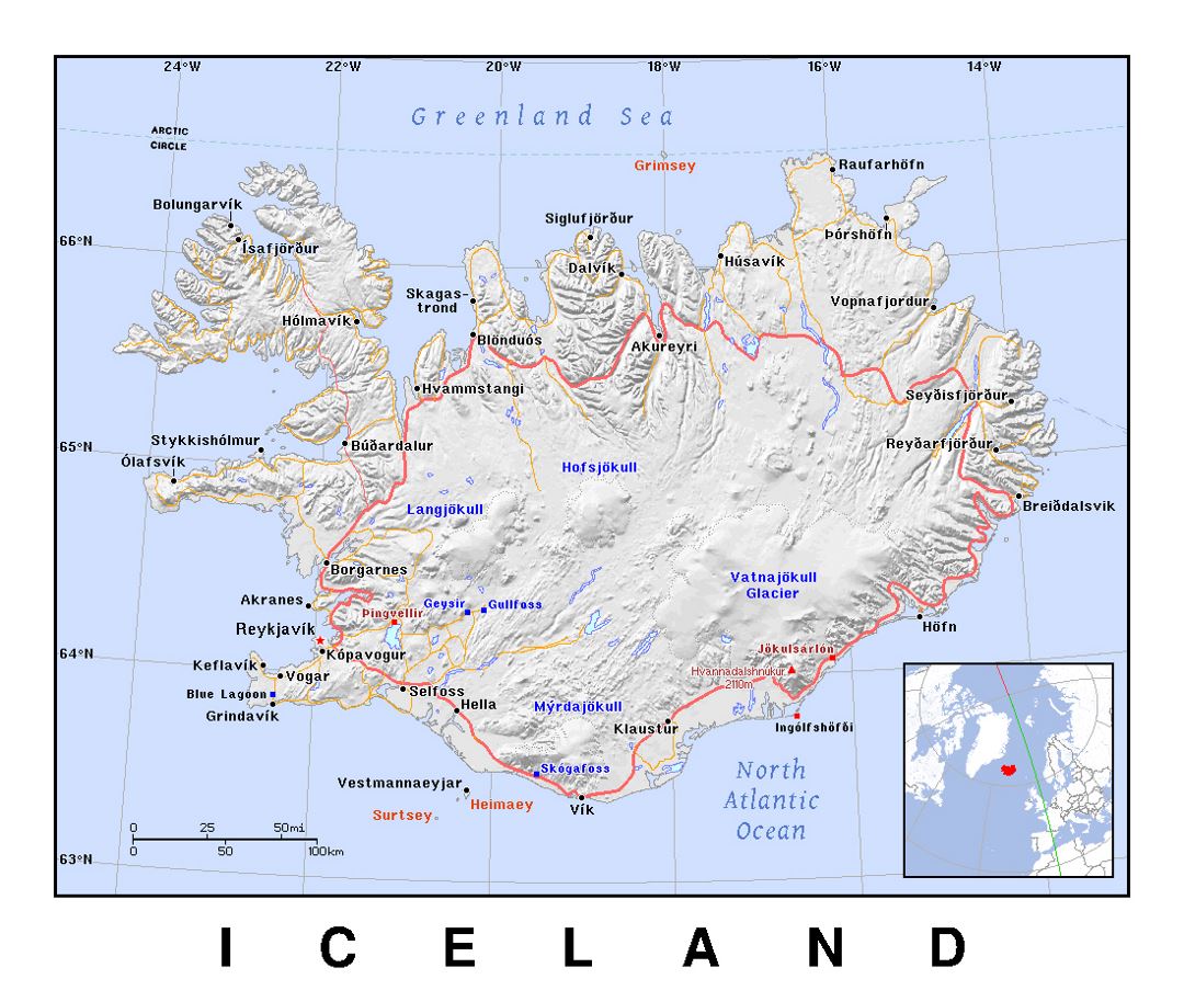 Детальная политическая карта Исландии с рельефом