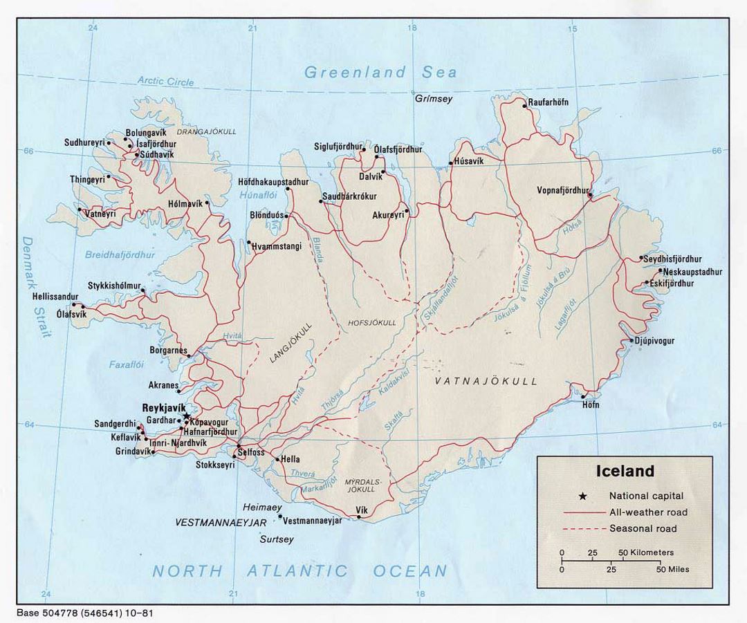 Детальная политическая карта Исландии с дорогами и городами - 1981