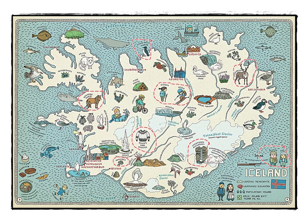 Детальная туристическая иллюстрированная карта Исландии