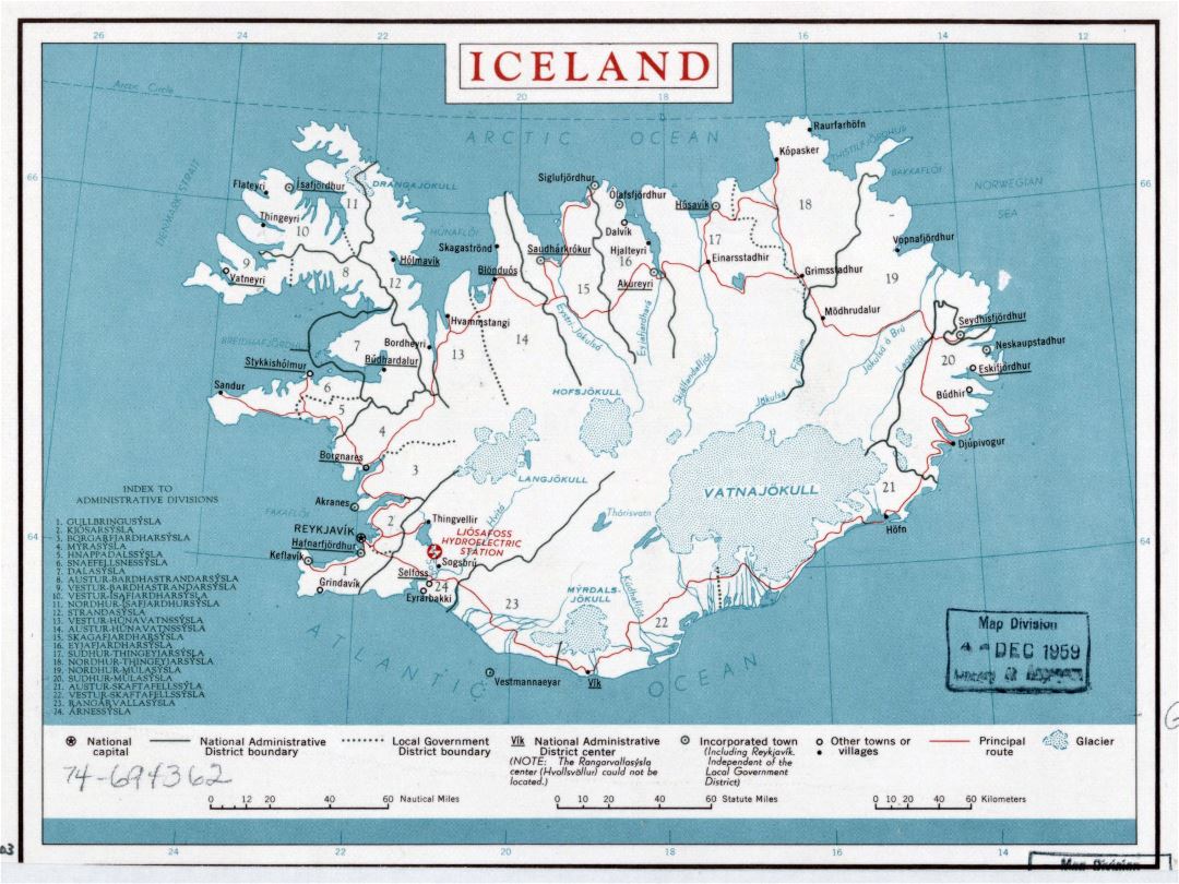 Большая детальная карта административных делений Исландии с дорогами и городами - 1959