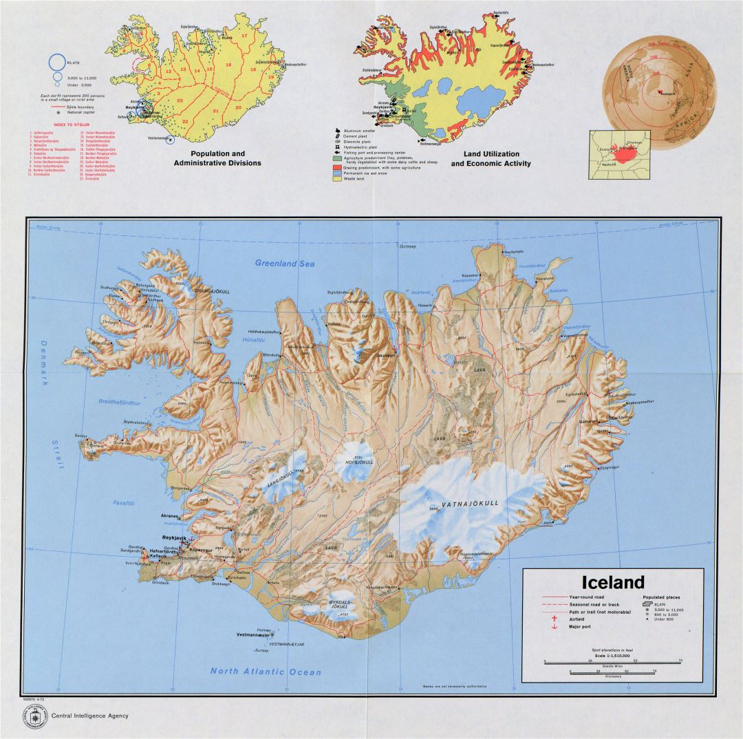 Большая детальная профильная карта страны Исландии - 1973
