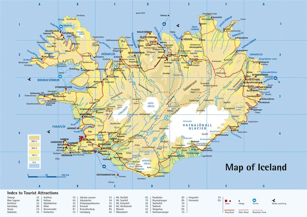 Большая детальная физическая карта Исландии с дорогами, городами и достопримечательностями
