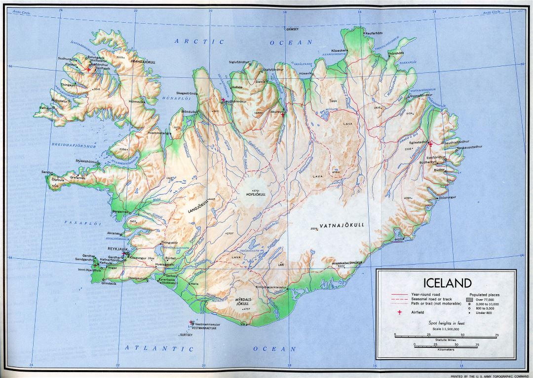 Большая детальная политическая карта Исландии с рельефом, дорогами, городами и аэропортами - 1970