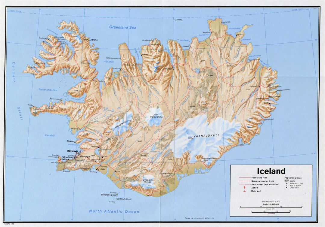 Большая детальная политическая карта Исландии с рельефом, дорогами, городами, портами и аэропортами - 1973