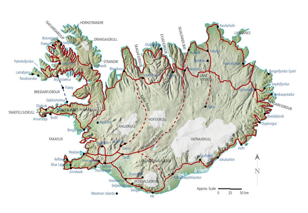 Большая детальнаям карта дорог Исландии с рельефом и городами