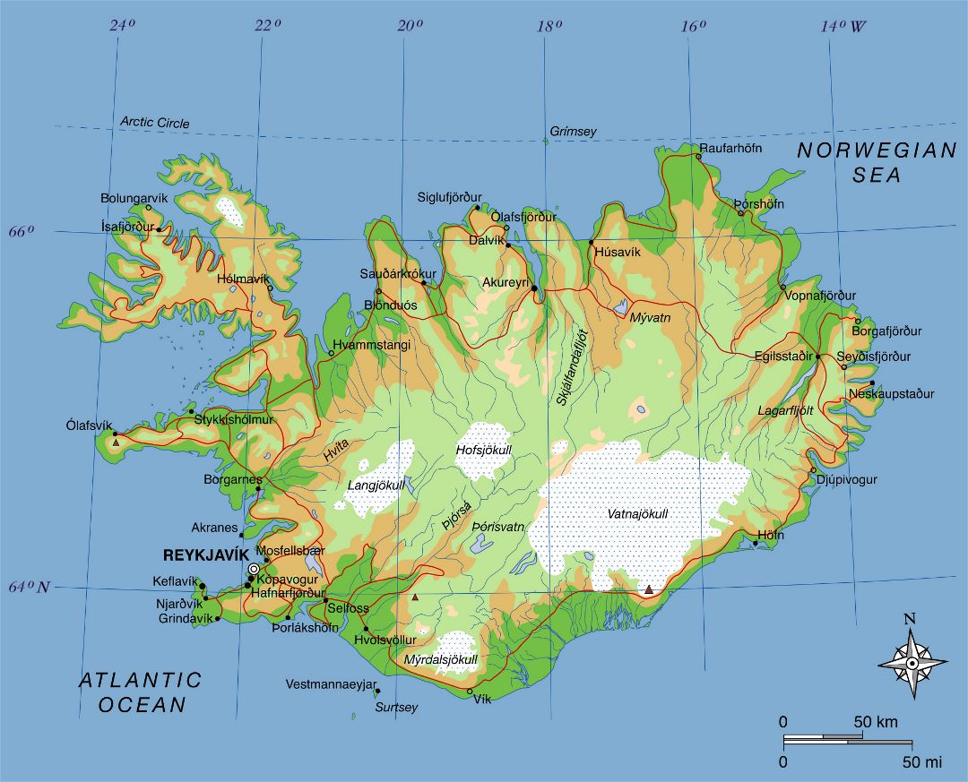 Большая карта высот Исландии с дорогами