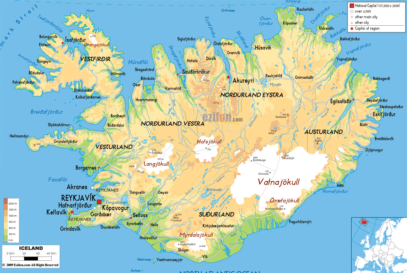 Большая физическая карта Исландии с дорогами, городами и аэропортами