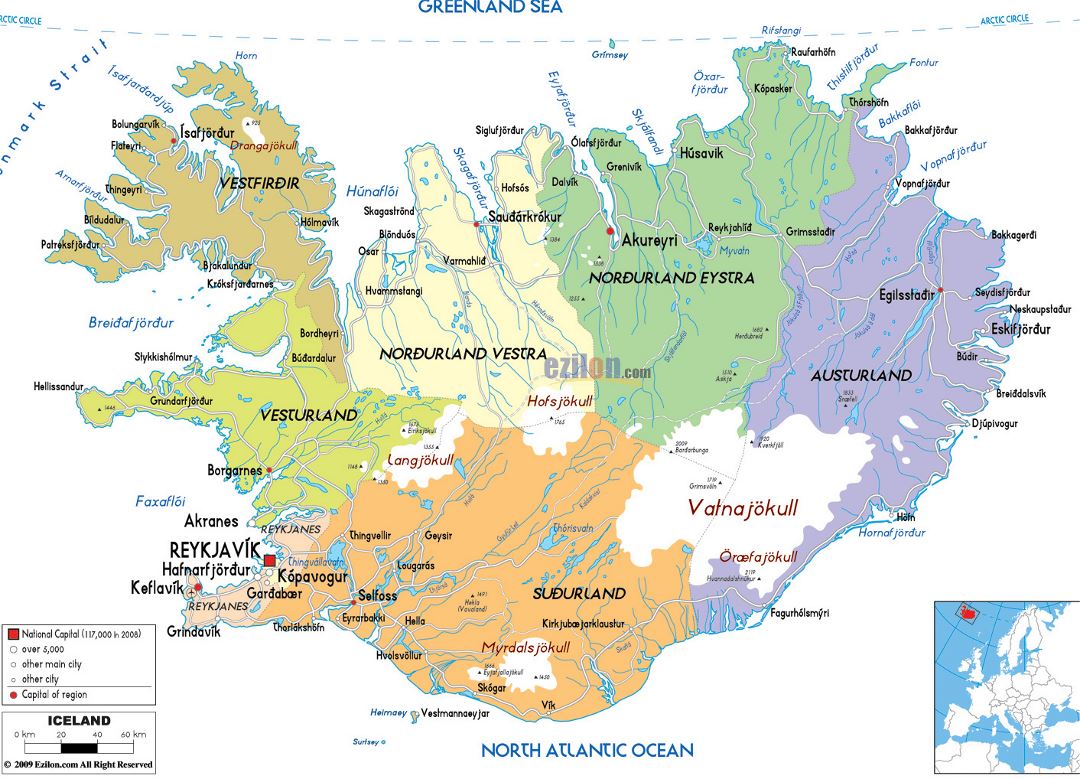 Большая политическая и административная карта Исландии с дорогами, городами и аэропортами