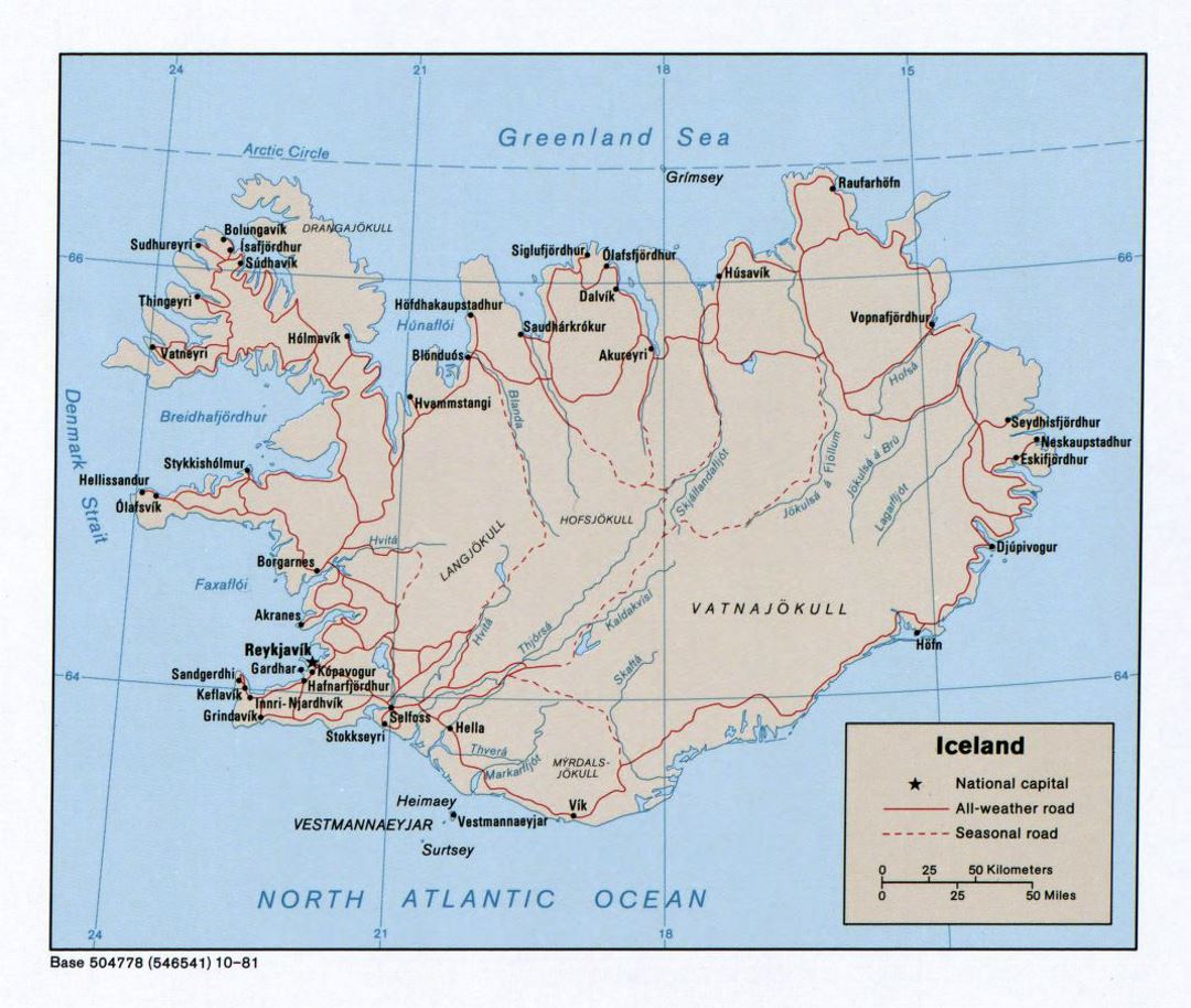 Большая политическая карта Исландии с дорогами и городами - 1981