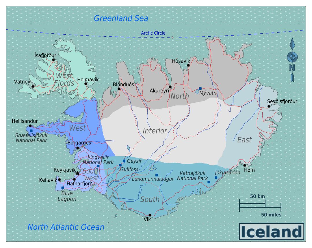 Большая карта регионов Исландии