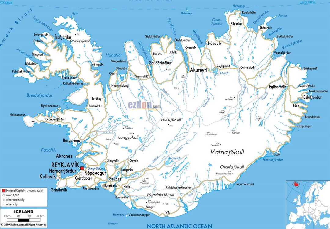 Большая карта дорог Исландии с городами и аэропортами