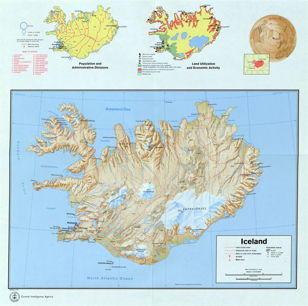 Крупномасштабная детальная профильная карта страны Исландии - 1973
