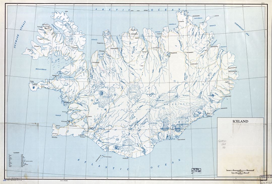 Крупномасштабная старая карта Исландии - 1949