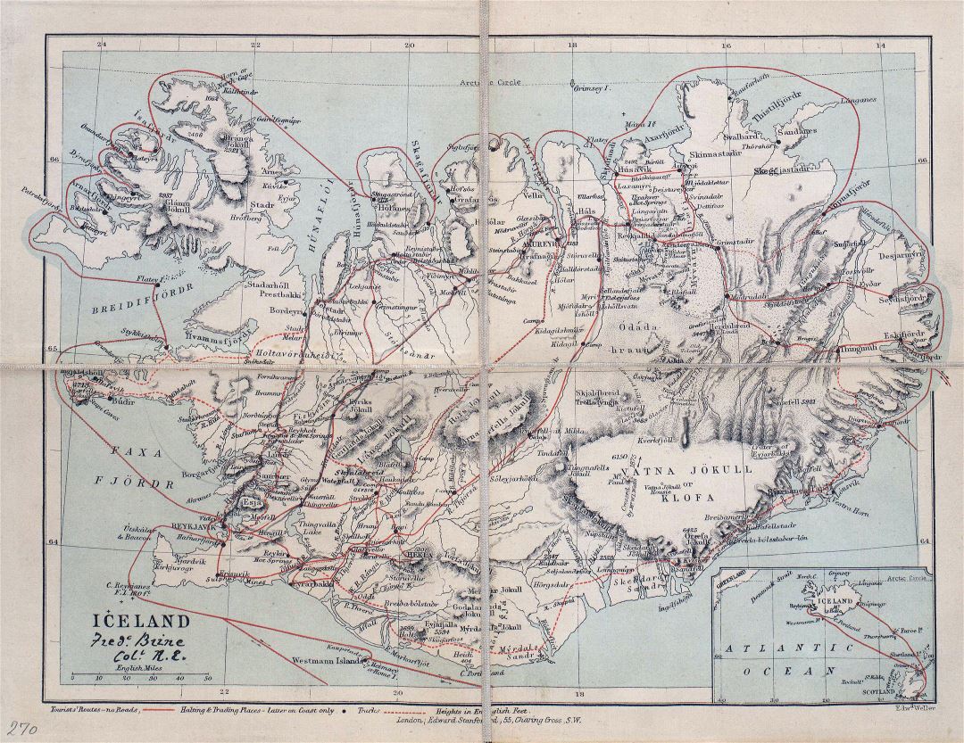 Крупномасштабная старая карта Исландии с рельефом, дорогами и городами