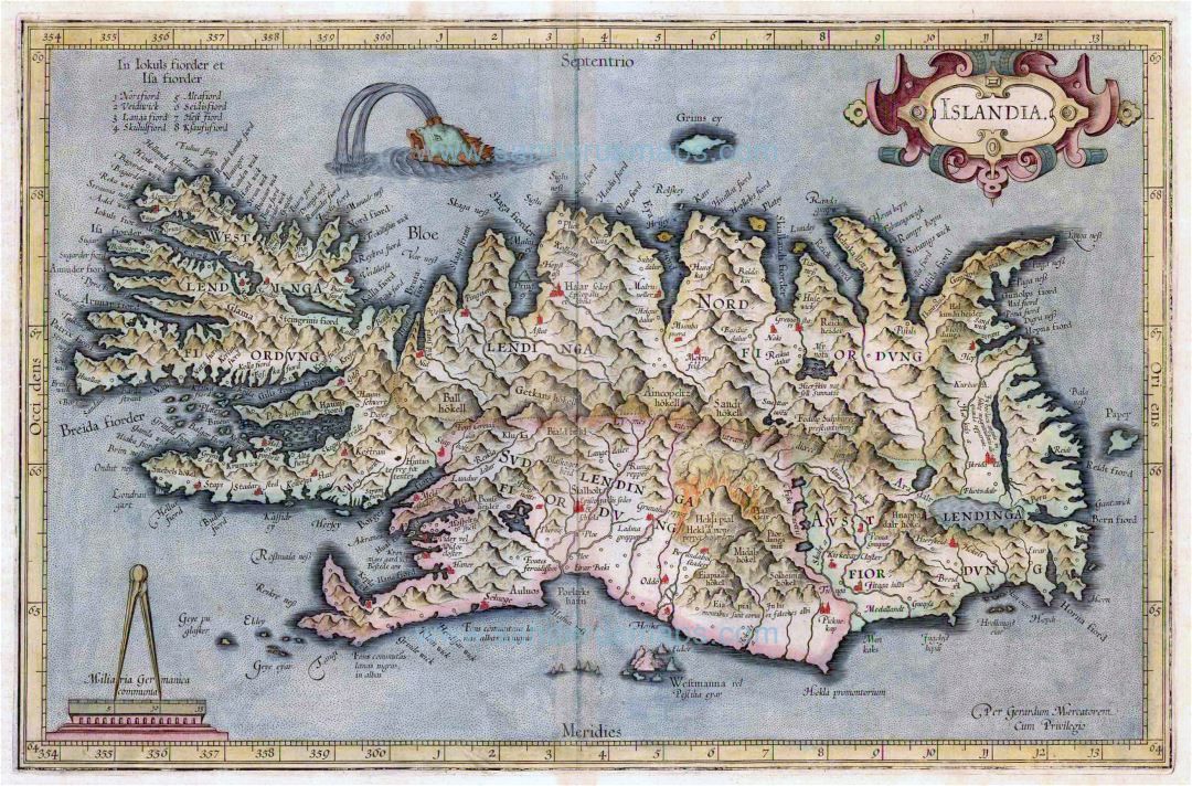 Крупномасштабная старая карта Исландии с рельефом