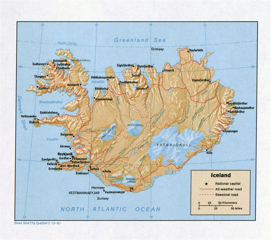 Крупномасштабная политическая карта Исландии с рельефом, дорогами и городами - 1981
