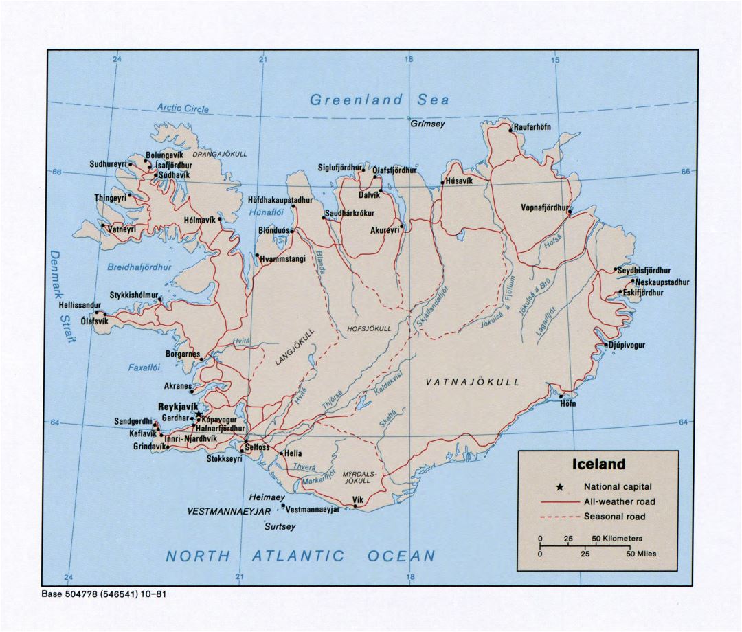 Крупномасштабная политическая карта Исландии с дорогами и городами - 1981