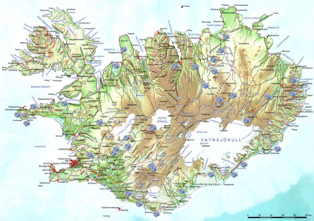 Крупномасштабная карта дорог Исландии с рельефом, городами и расположеными фотографиями