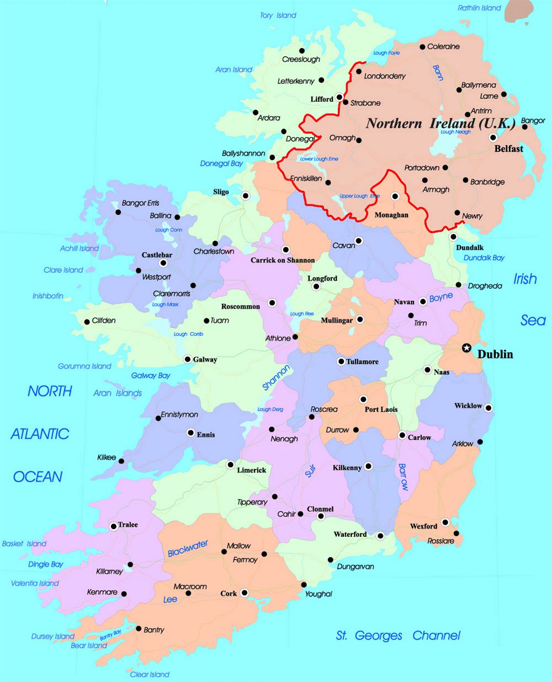 Детальная административная карта Ирландии с крупными городами