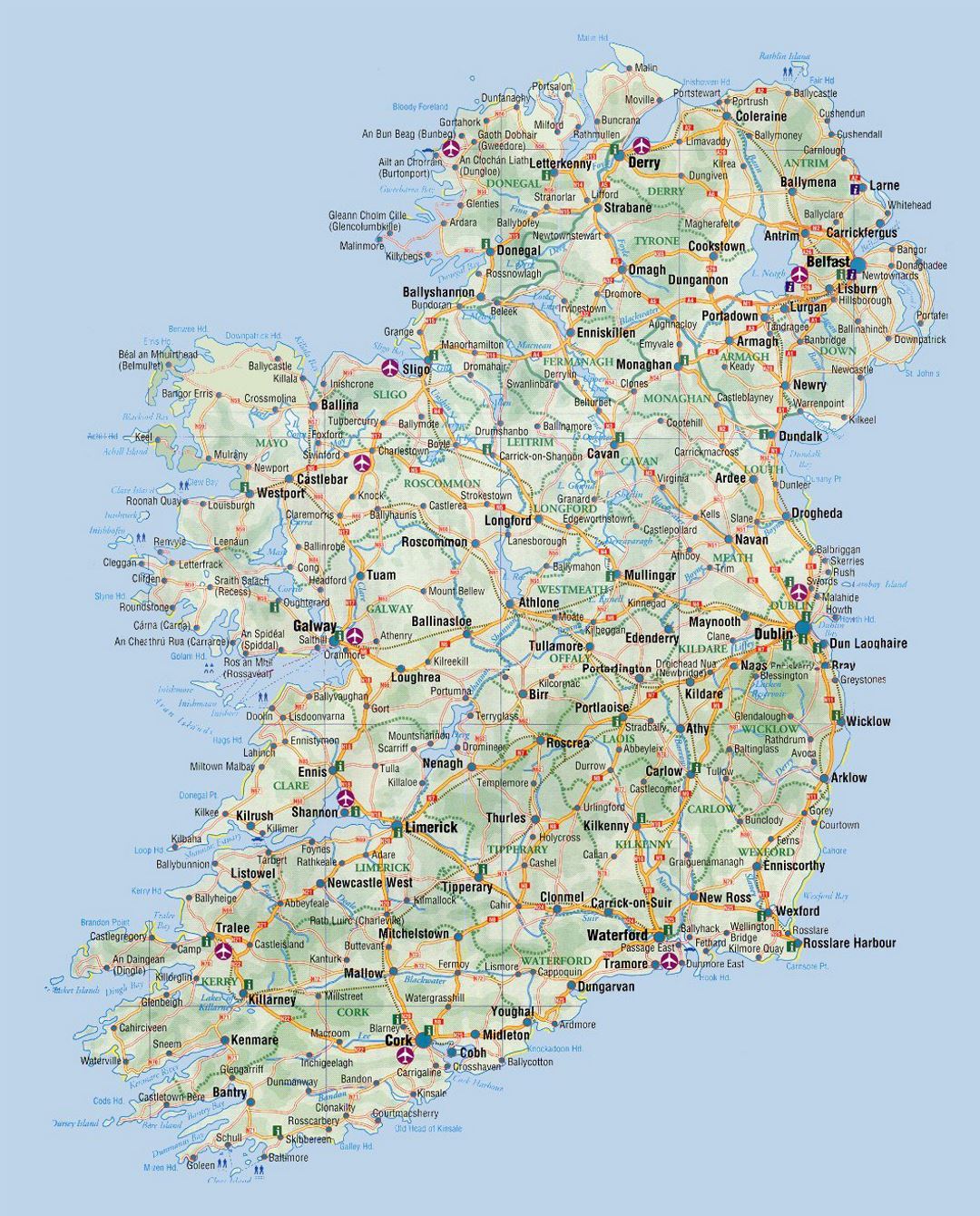 Детальная карта высот и дорог Ирландии с городами и аэропортами