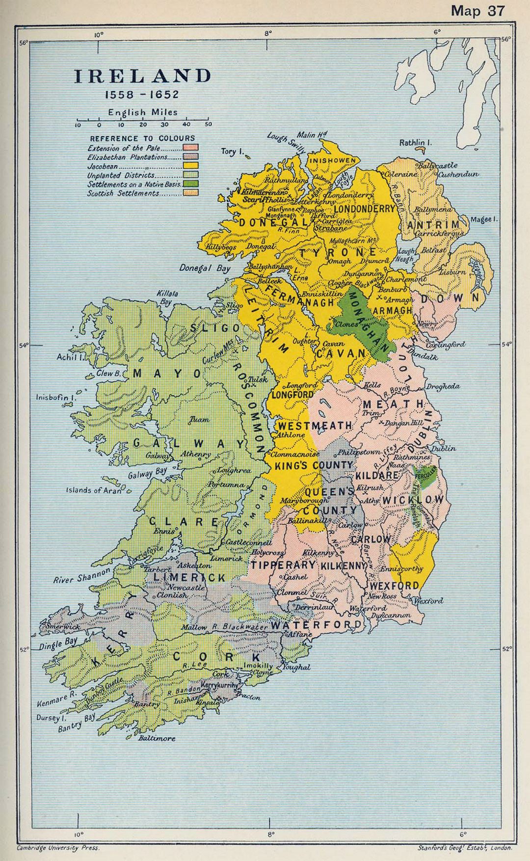 Детальная старая карта Ирландии - 1558-1652