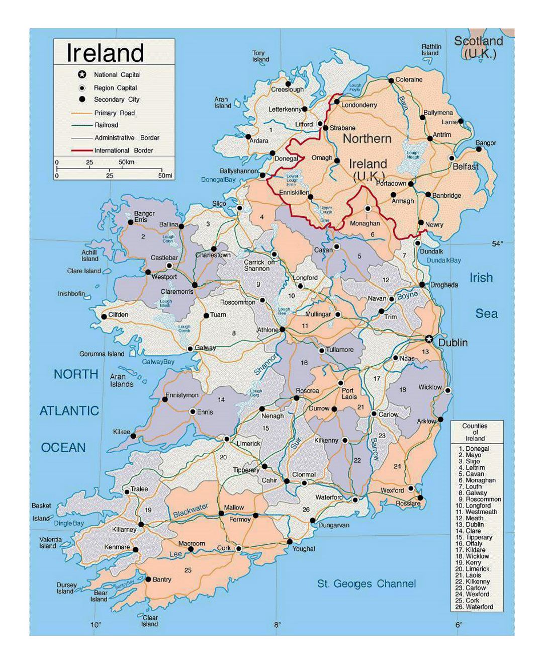 Детальная политическая и административная карта Ирландии с дорогами и крупными городами