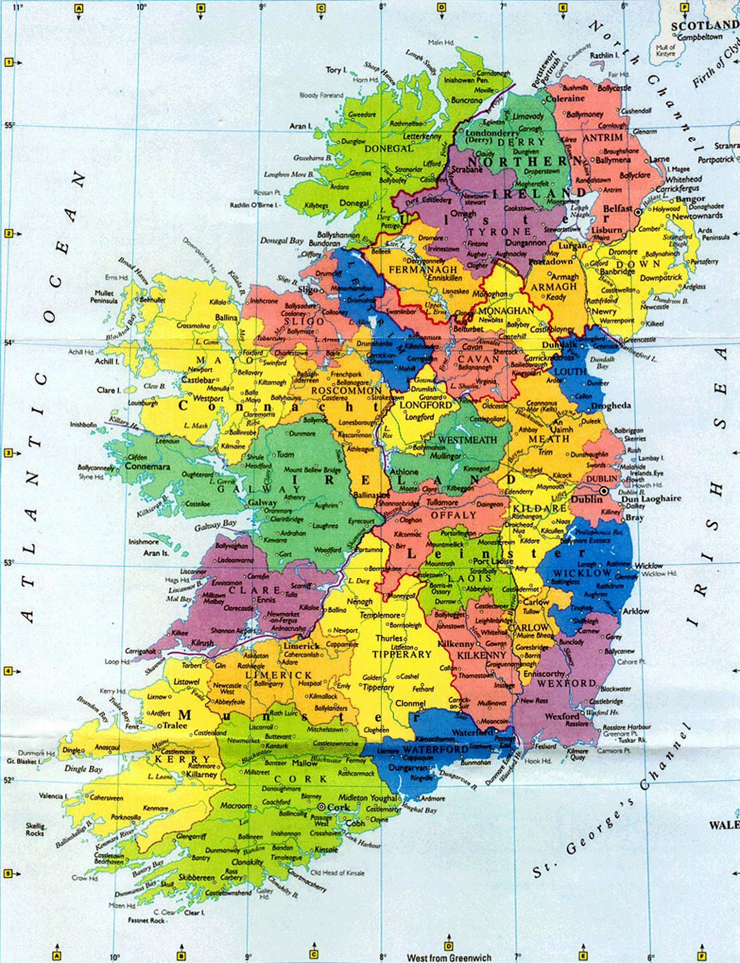 Большая административная карта Ирландии с крупными городами