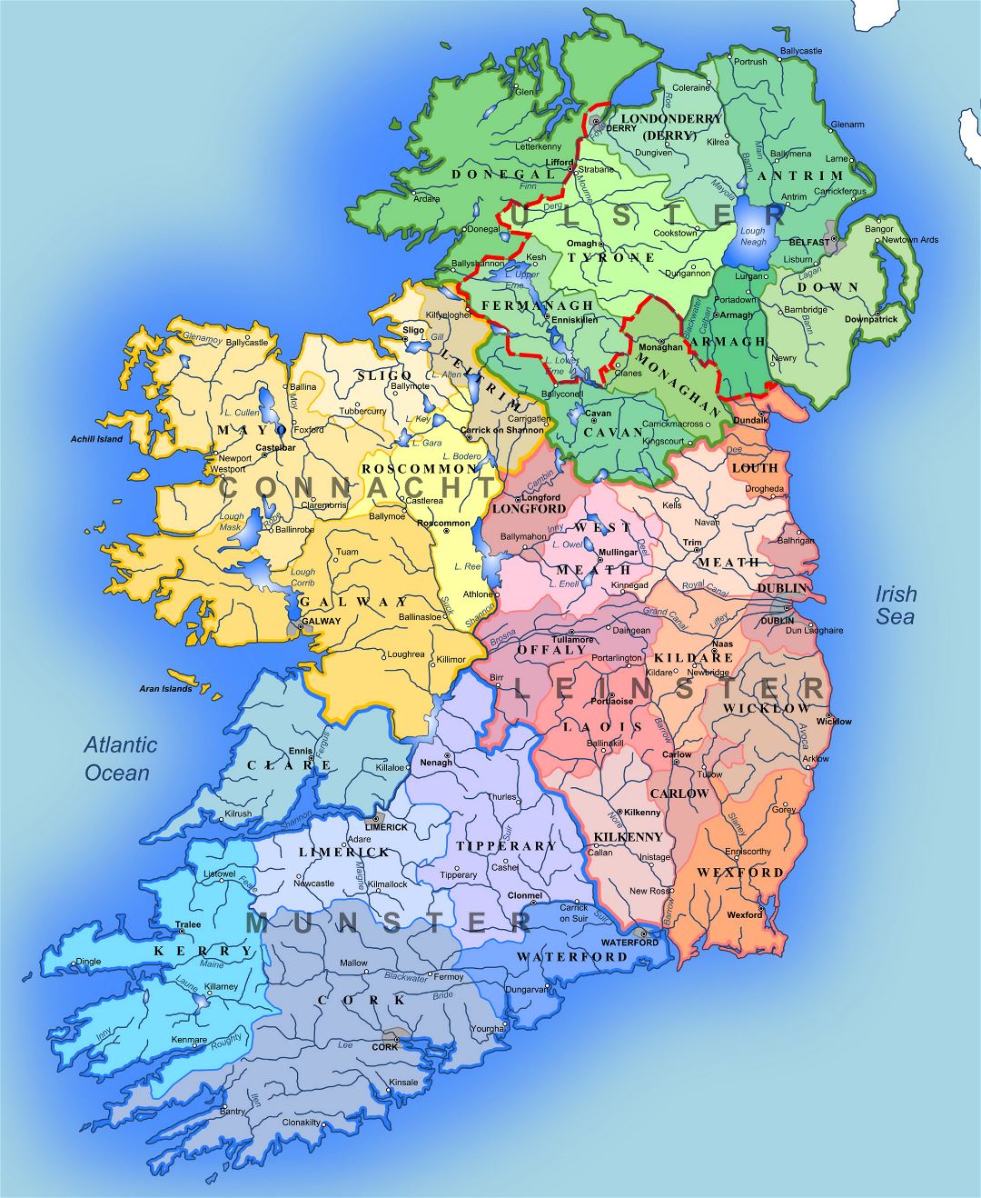 Большая детальная административная карта Ирландии