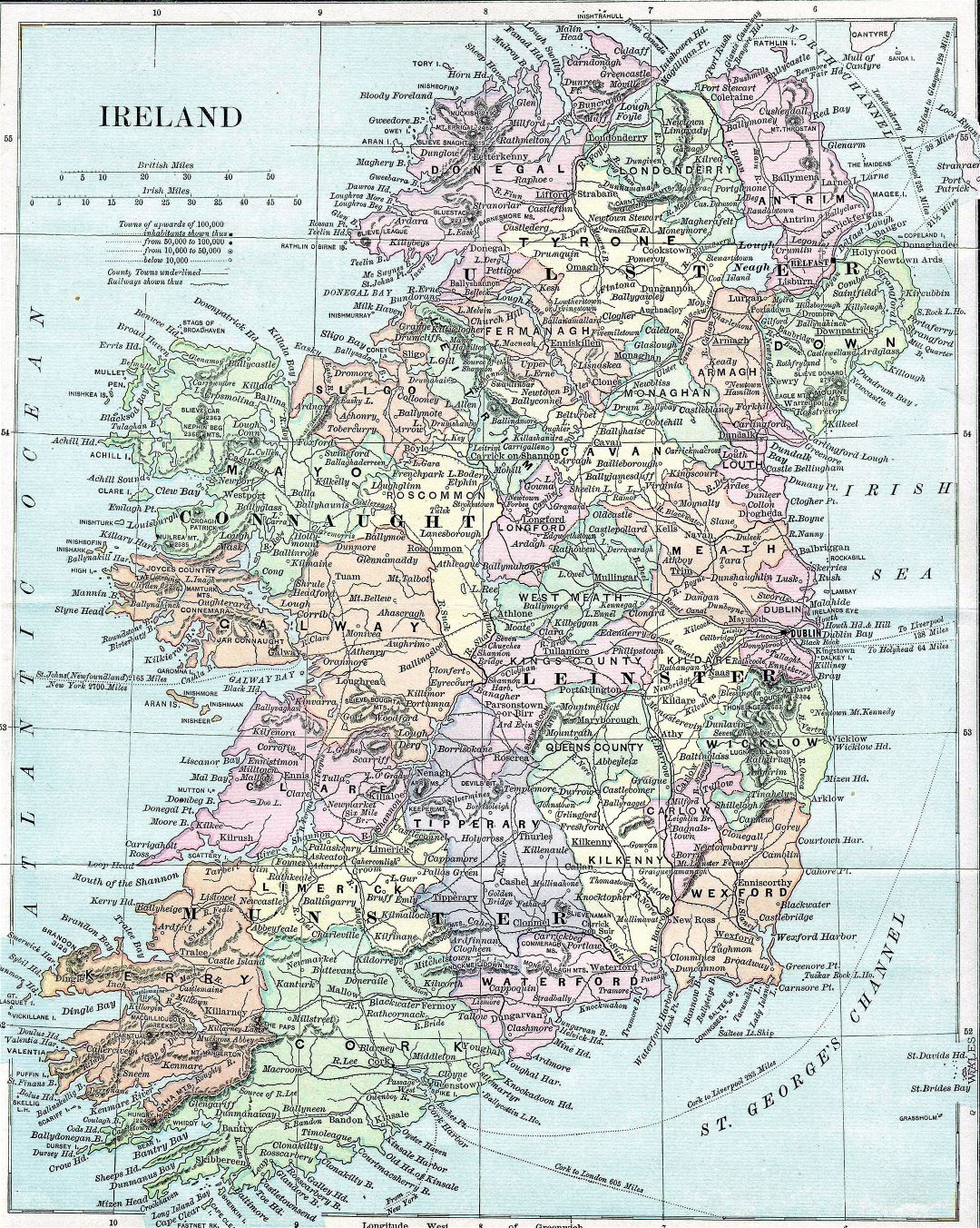Большая детальная старая карта Ирландии