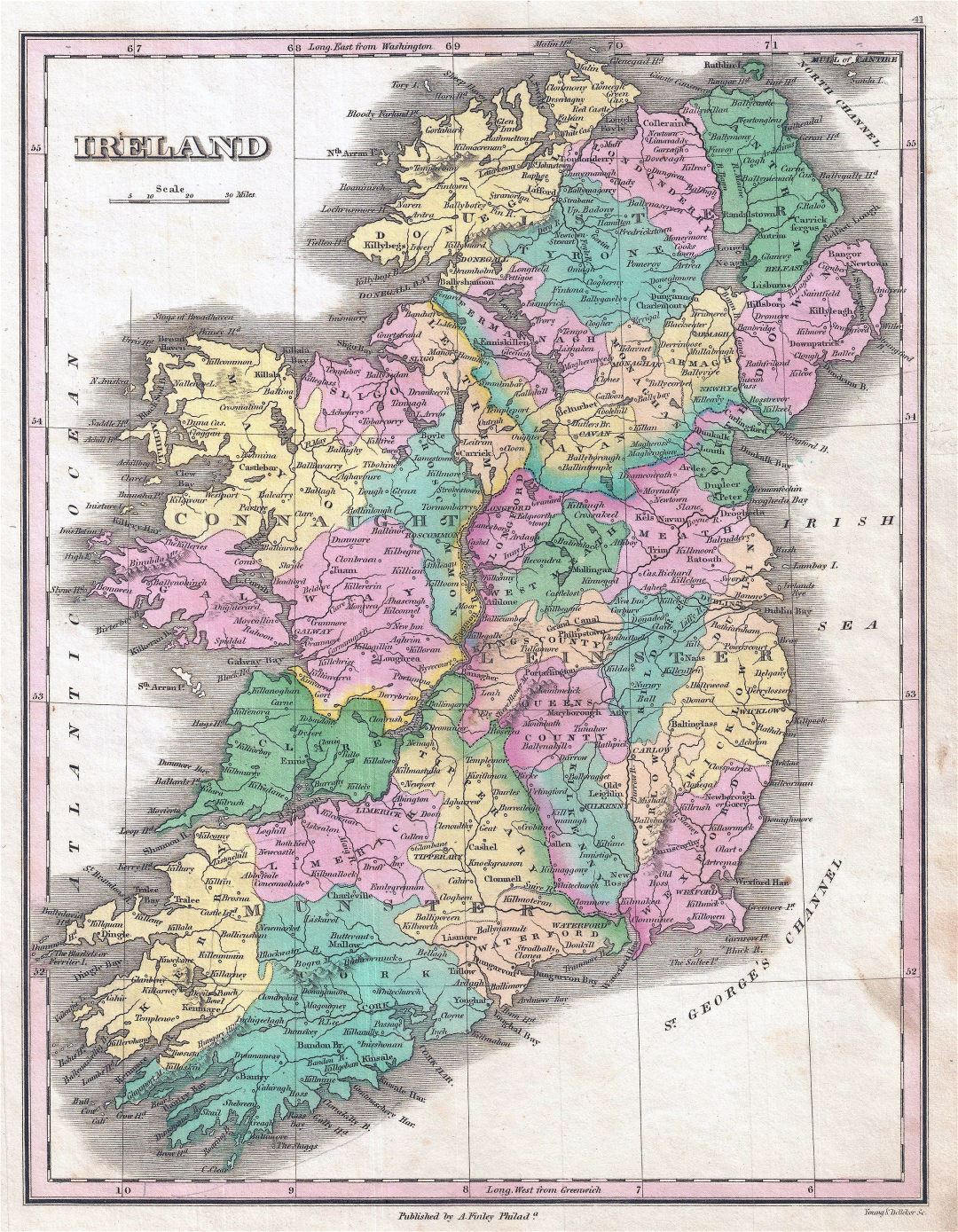 Большая детальная старая политическая и административная карта Ирландии - 1827