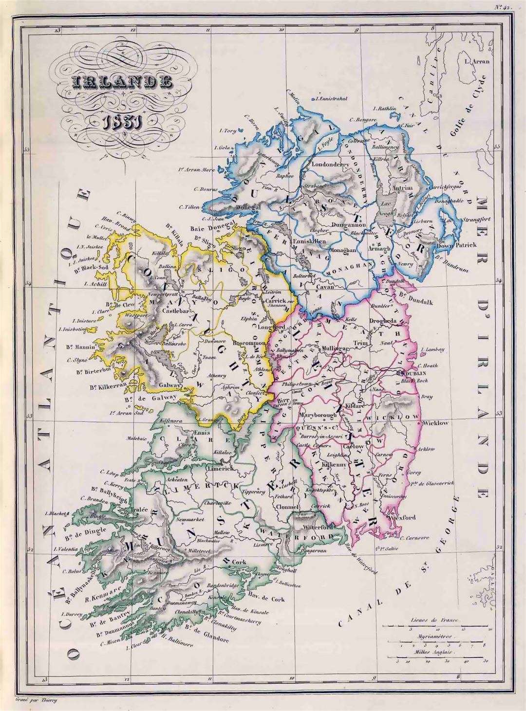 Большая детальная старая политическая и административная карта Ирландии - 1831