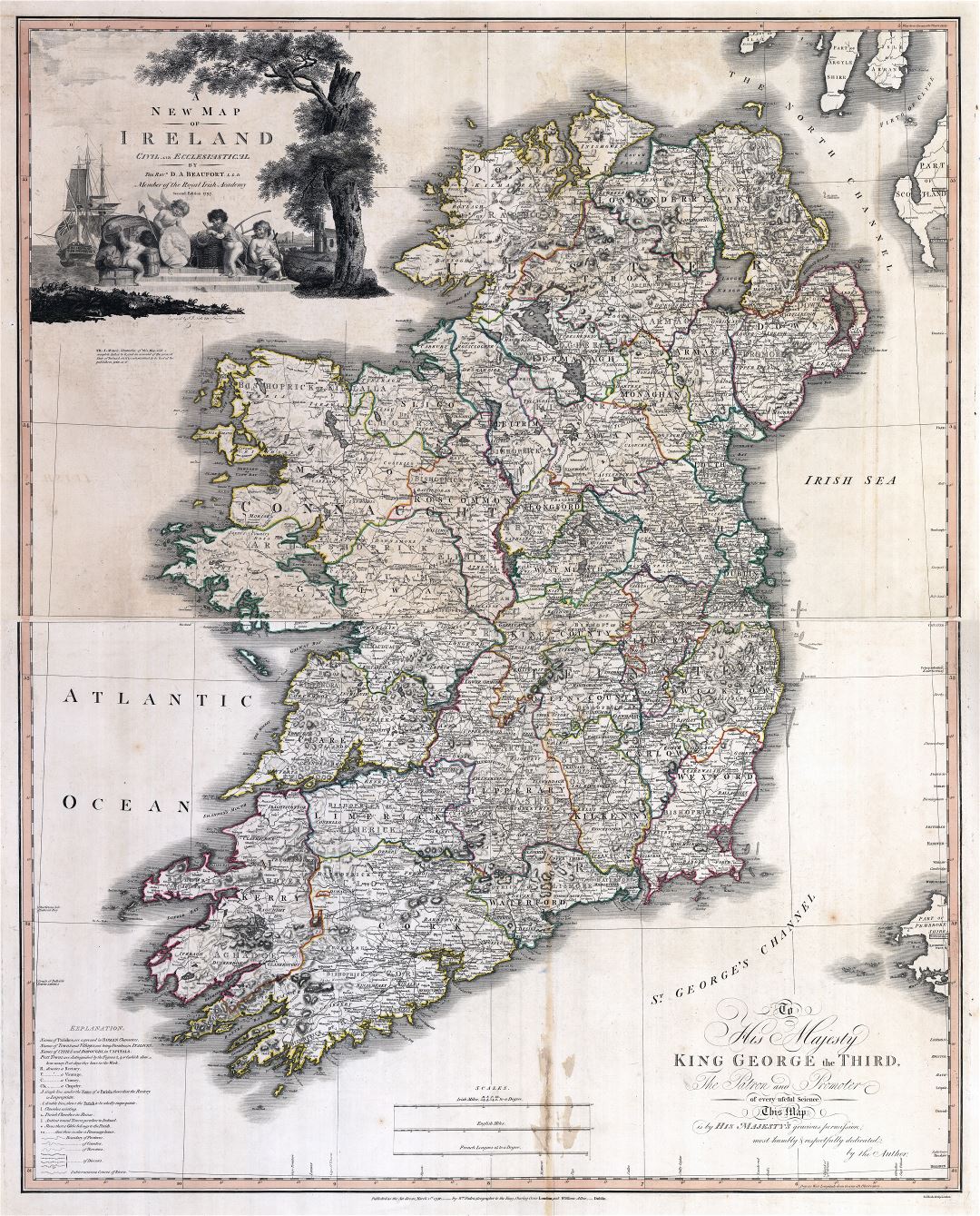 Большая детальная старая политическая и административная карта Ирландии с городами - 1797