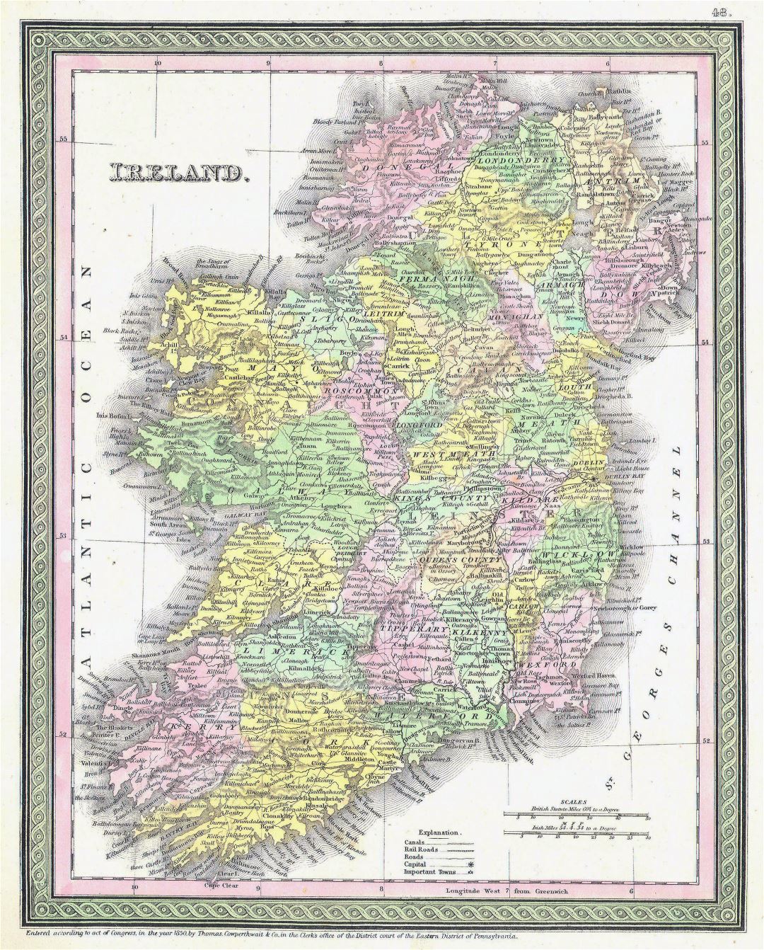 Большая детальная старая политическая и административная карта Ирландии с рельефом, дорогами, железными дорогами и городами - 1850