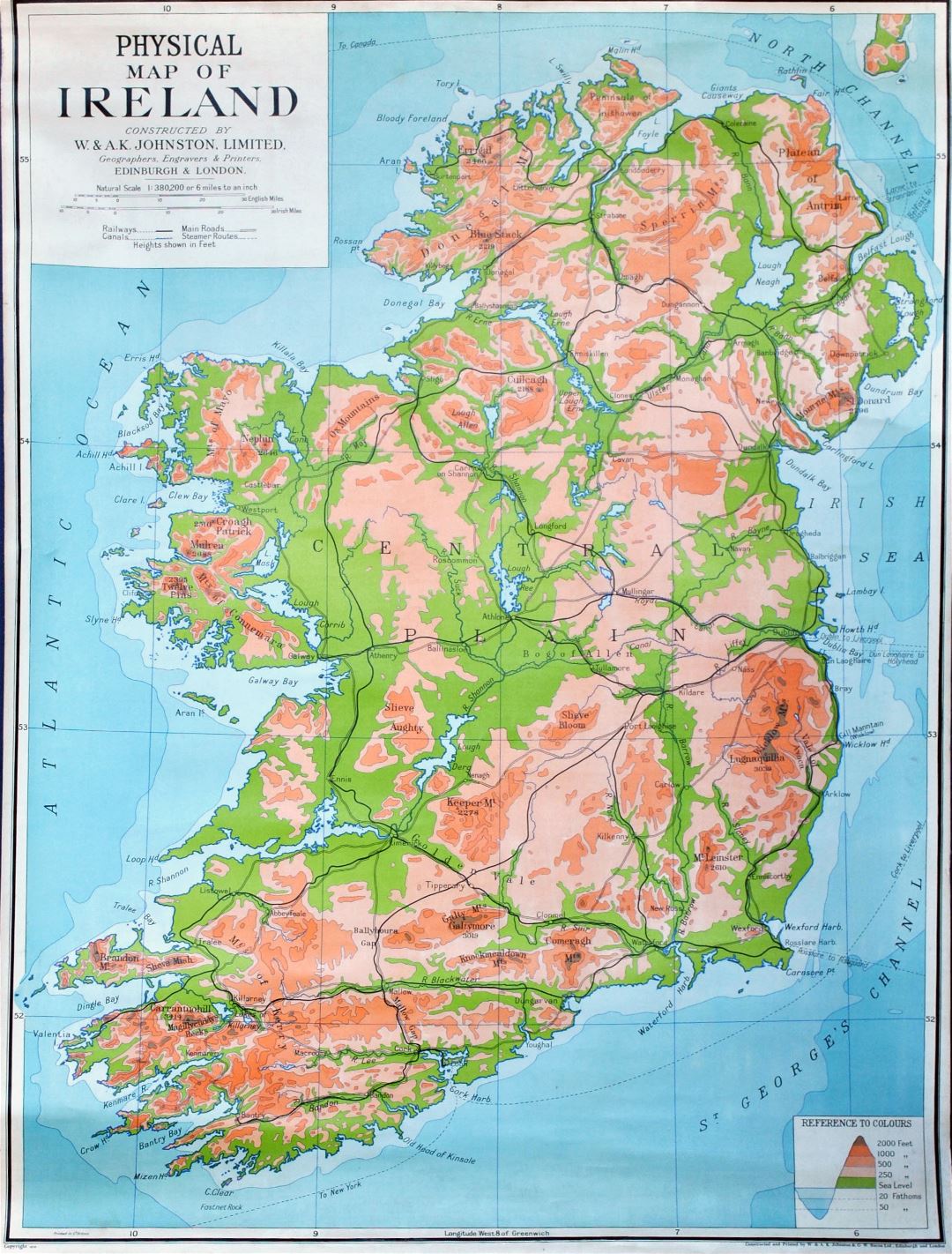 Большая детальная физическая карта Ирландии