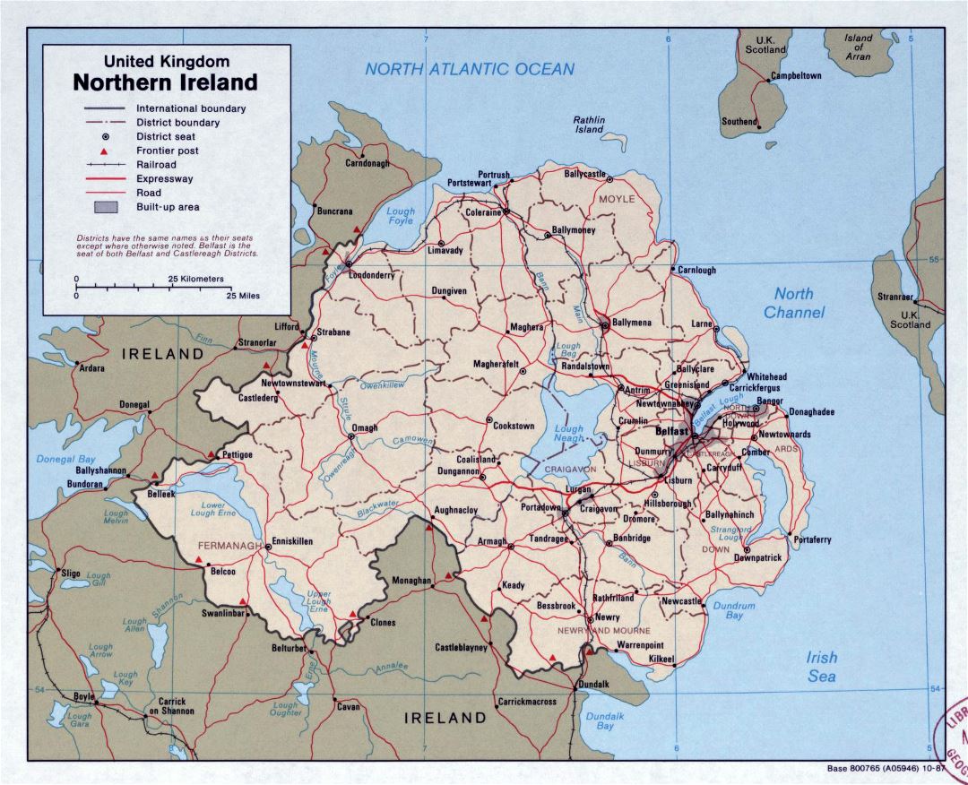Большая детальная политическая и административная карта Северной Ирландии с дорогами и крупными городами - 1987
