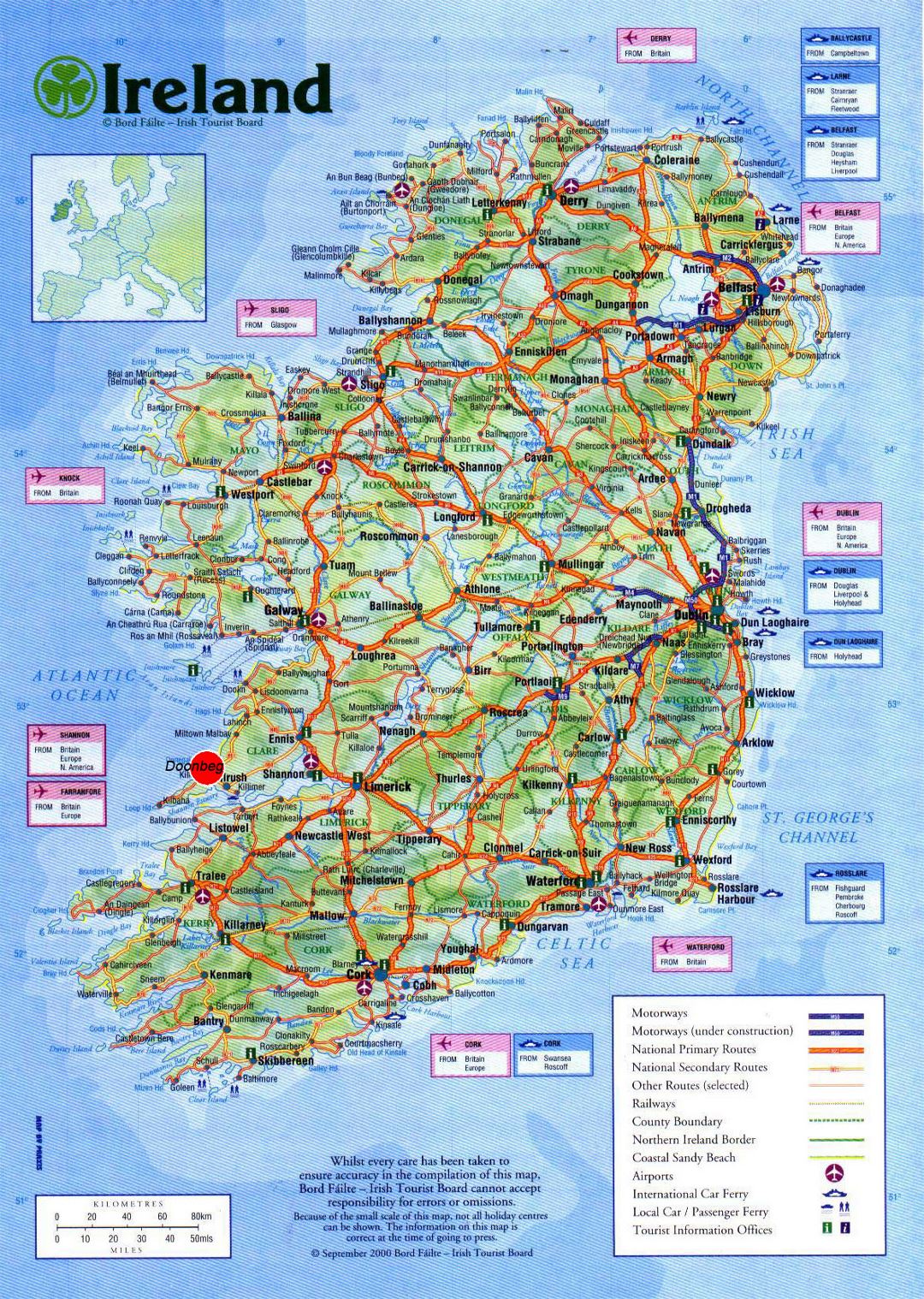Большая детальная карта дорог Ирландии с городами, аэропортами и другими пометками