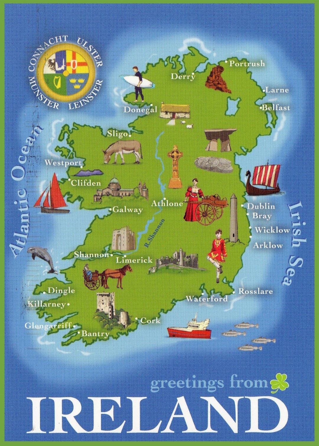 Большая детальная туристическая иллюстрированная карта Ирландии