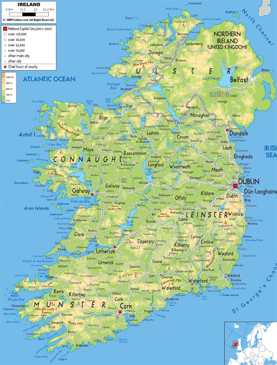 Большая физическая карта Ирландии с дорогами, городами и аэропортами