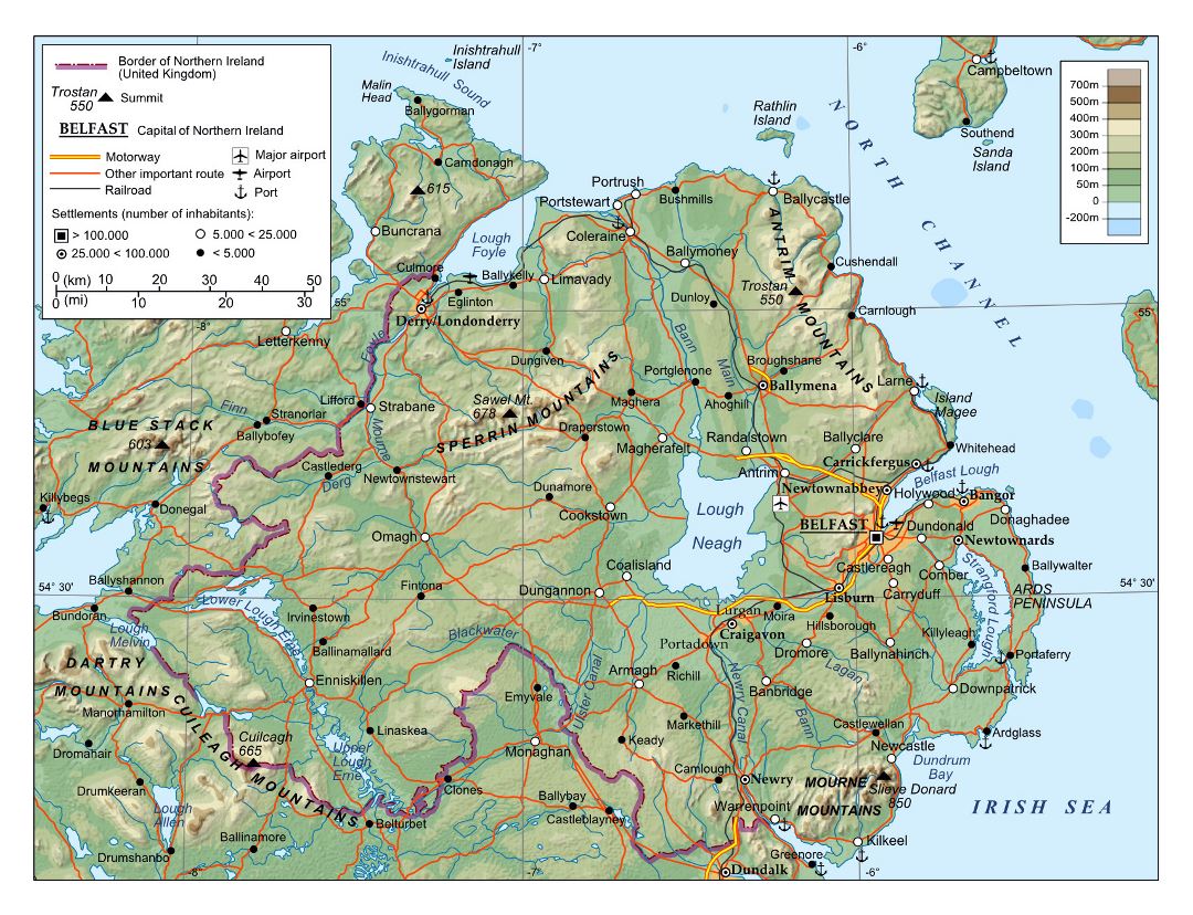 Большая физическая карта Северной Ирландии