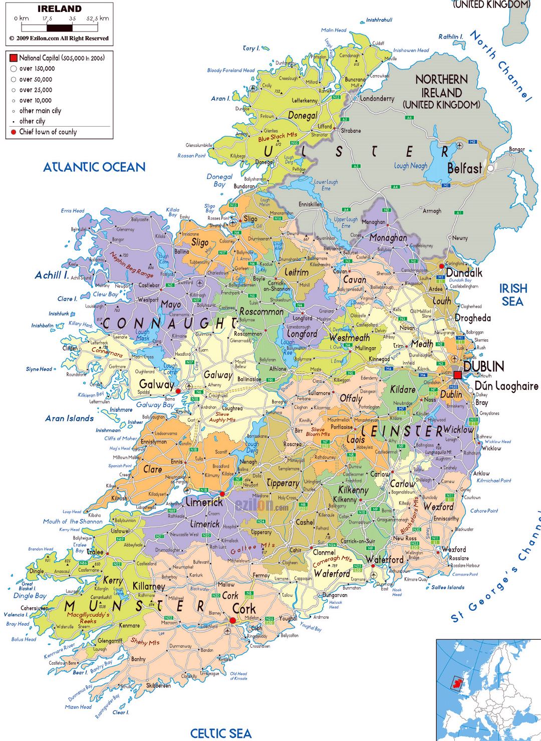 Большая политическая и административная карта Ирландии с дорогами, городами и аэропортами