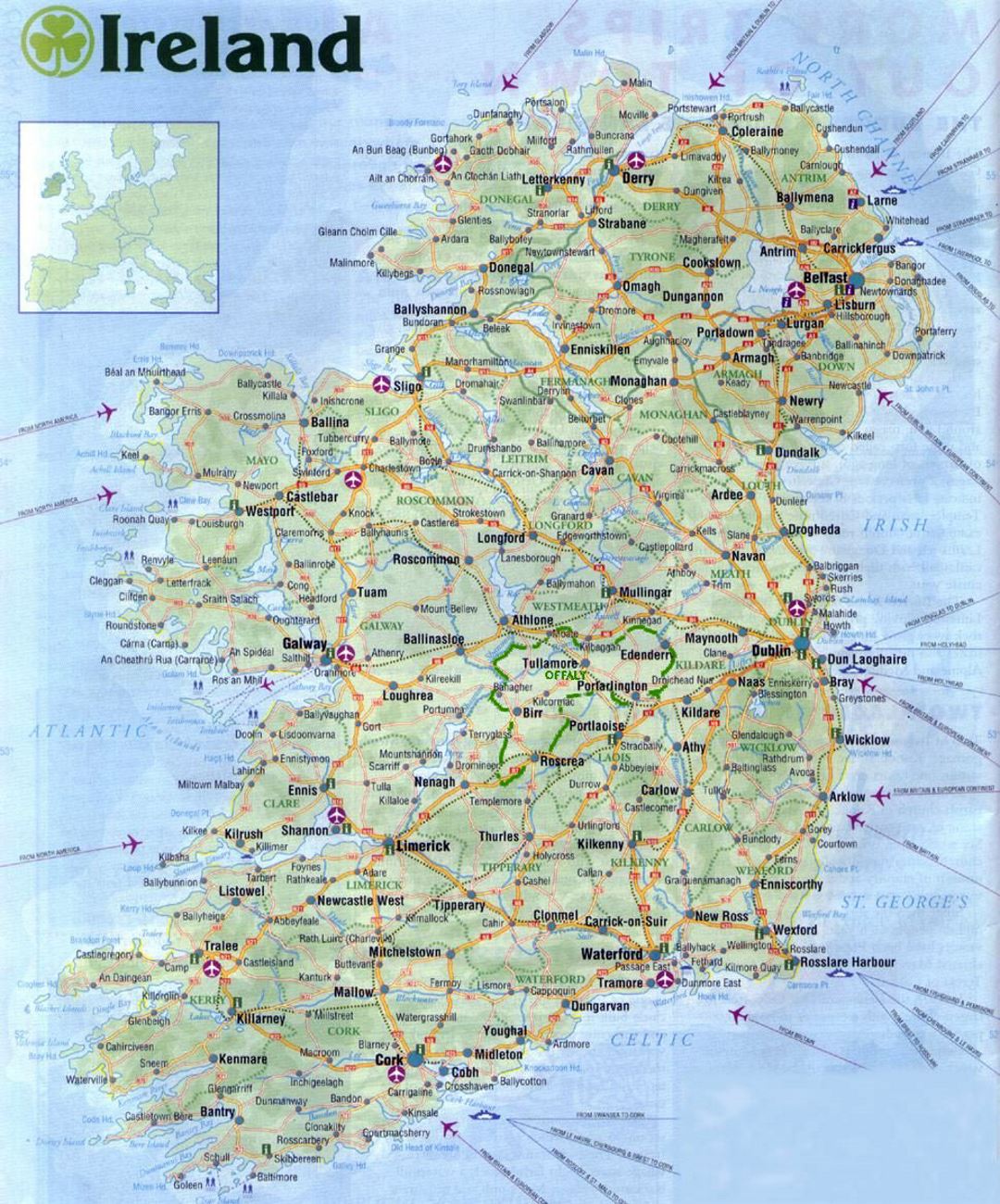 Большая карта дорог Ирландии со всеми городами, аэропортами и дорогами