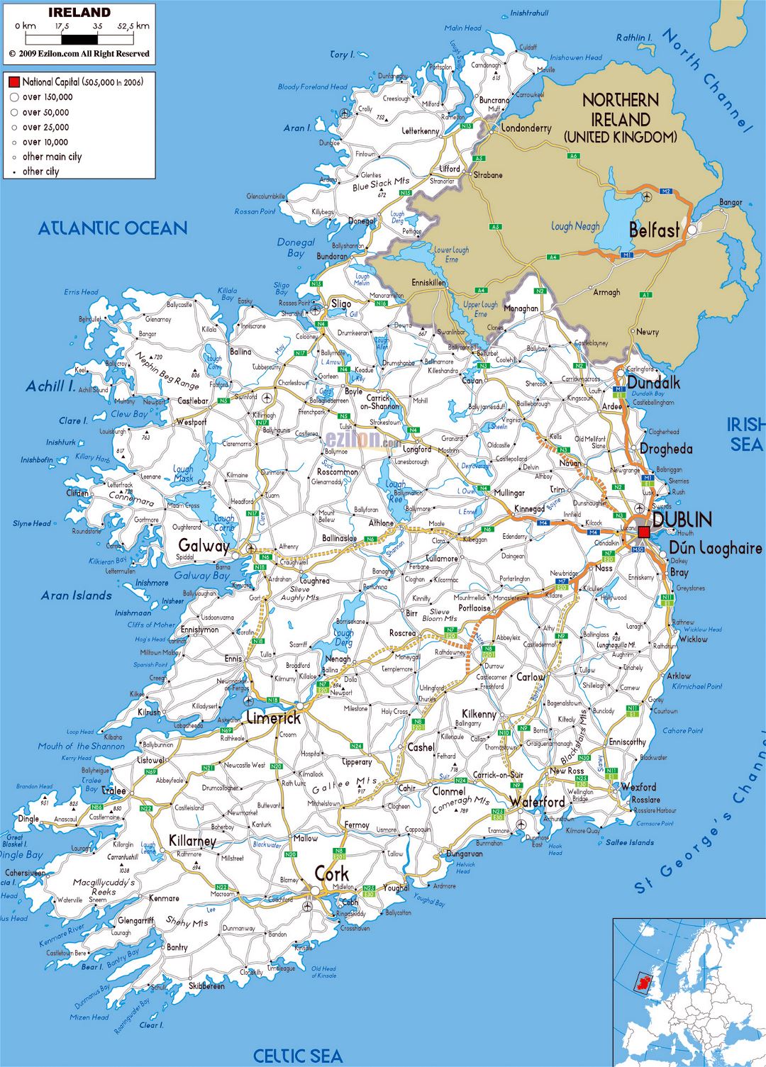 Большая карта дорог Ирландии с городами и аэропортами