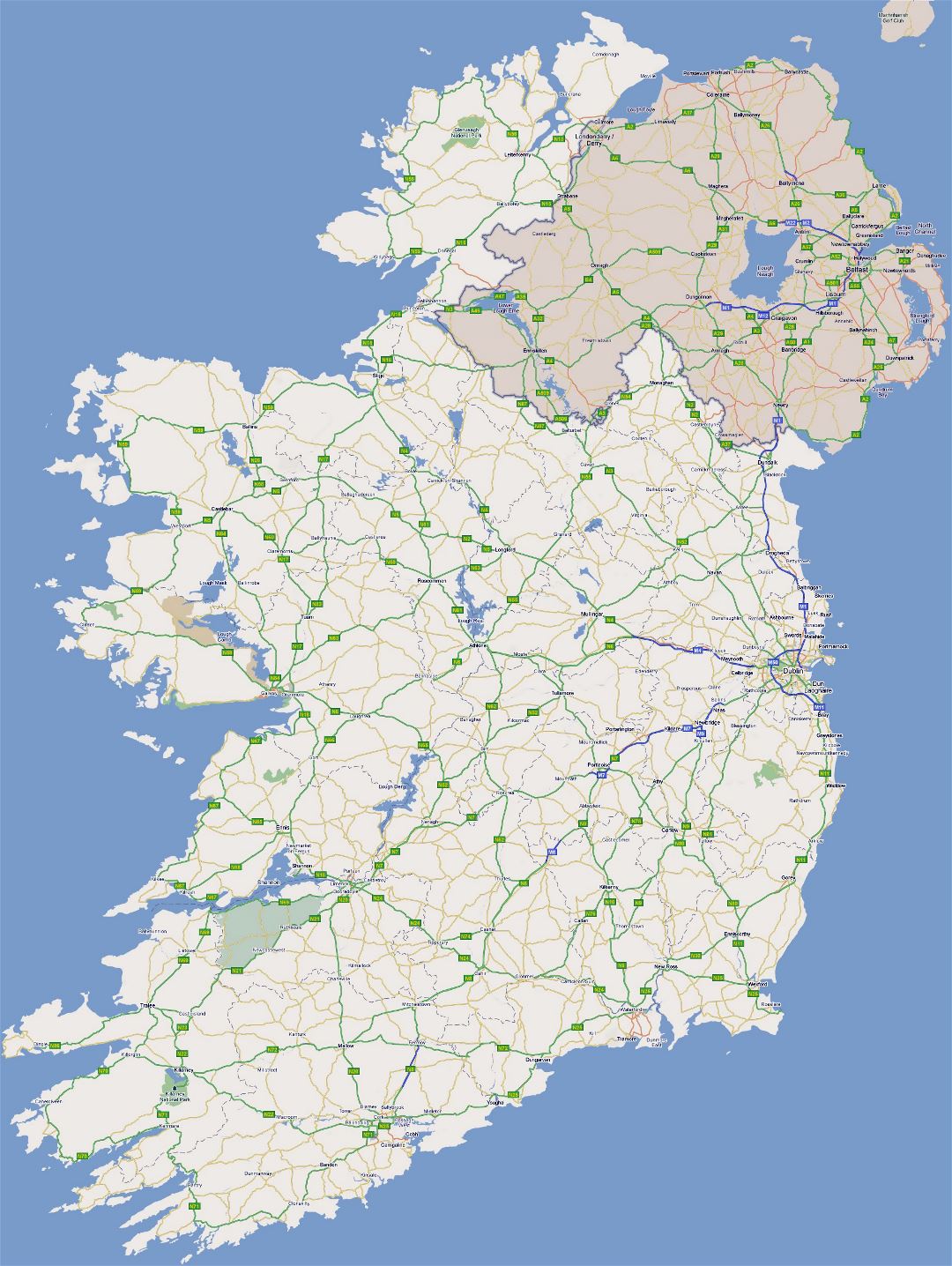 Большая карта дорог Ирландии с городами