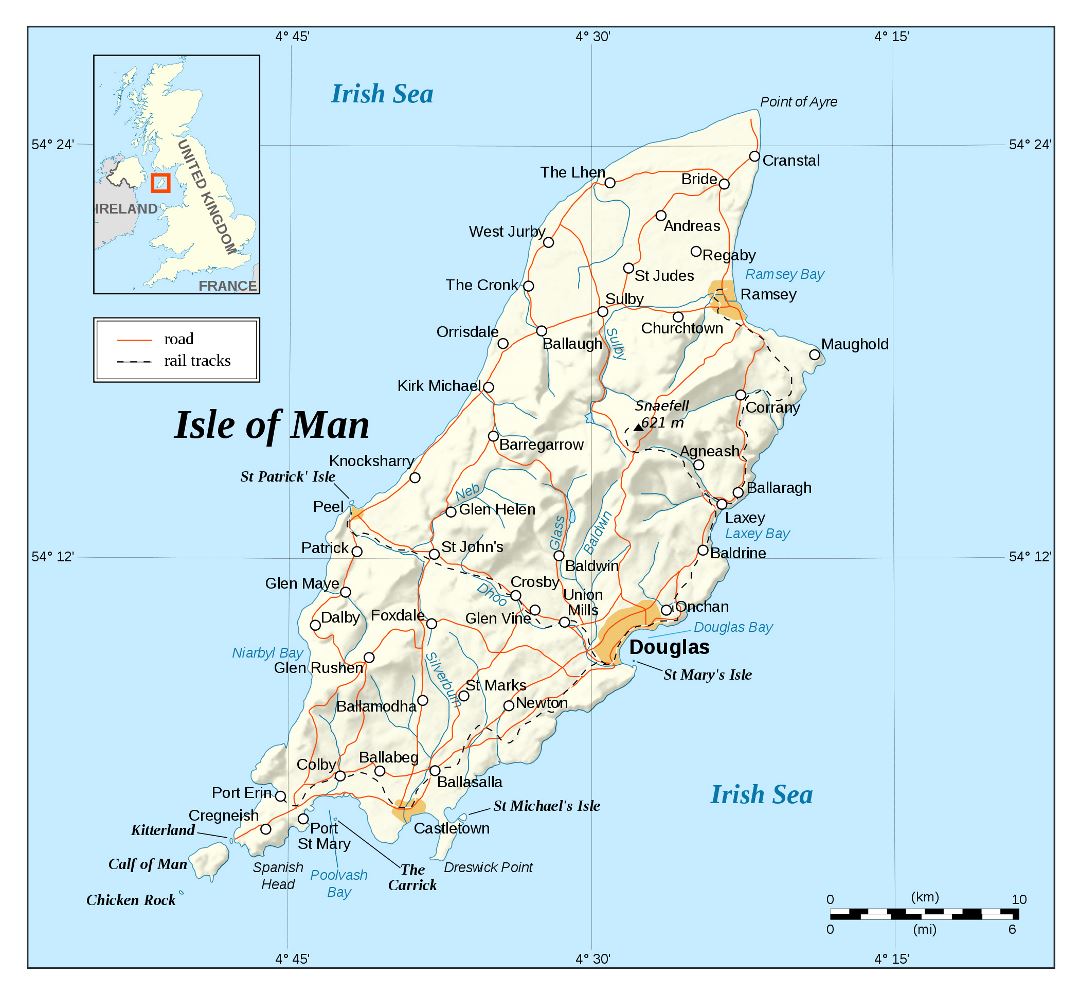 Большая детальная карта острова Мэн с рельефом, дорогами и городами